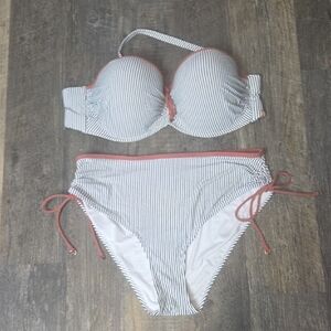 Striped Bikini Set with Coral Trim